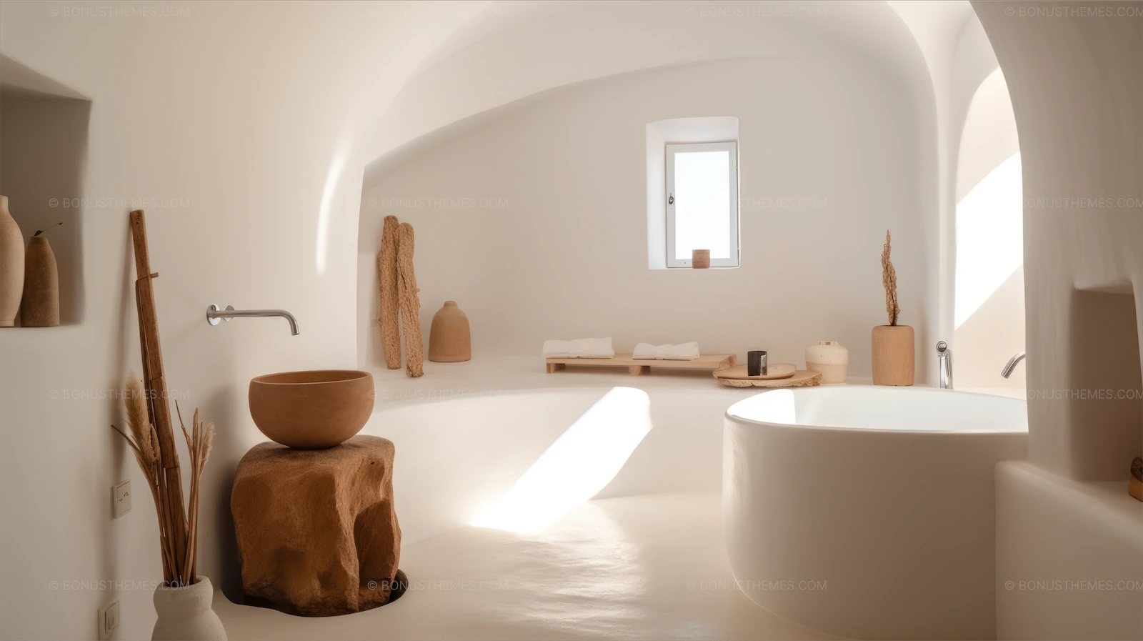 Minimalistic Cycladic Style Bathroom with Curved White Walls | Premium AI Generated Architecture Image