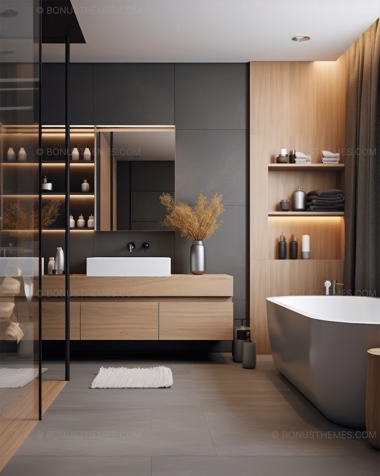 Modern Luxury Bathroom with Natural Wood Details | Minimalist AI Generated Interior Design Image