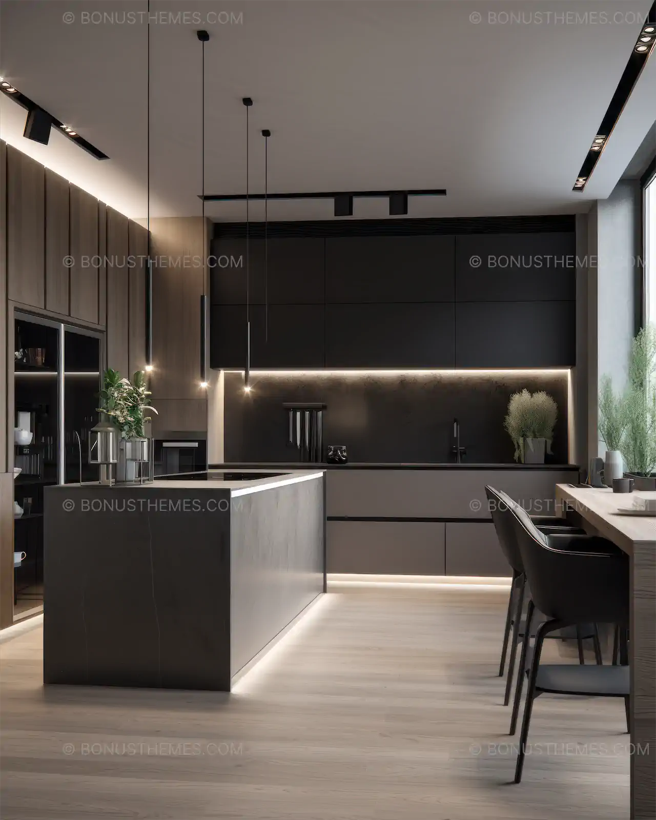 Modern Black & White Kitchen with Black Cabinets & Countertop - AI Generated Interior Image
