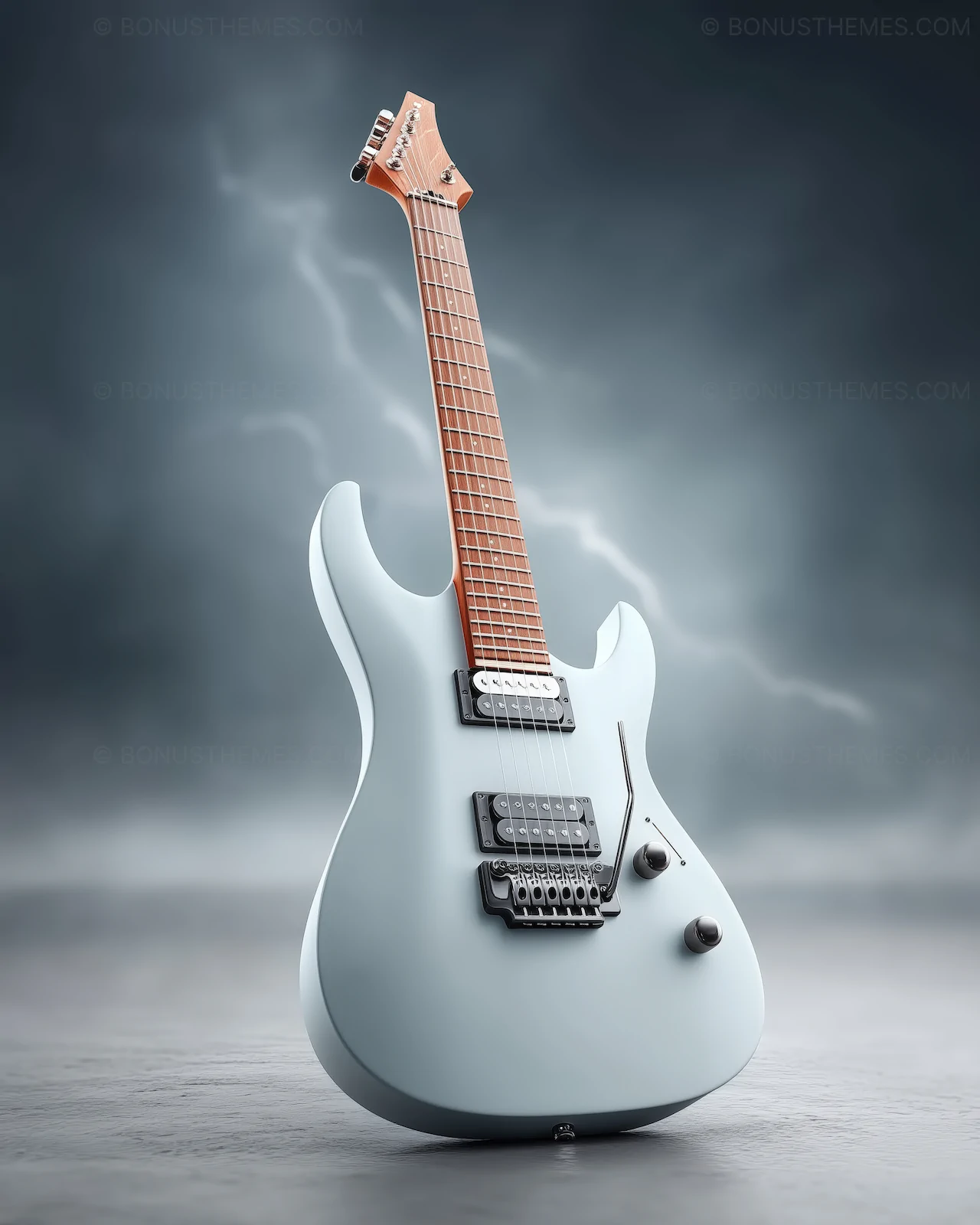 Modern Matte White Electric Guitar with Lightning Backdrop | AI Music Photography