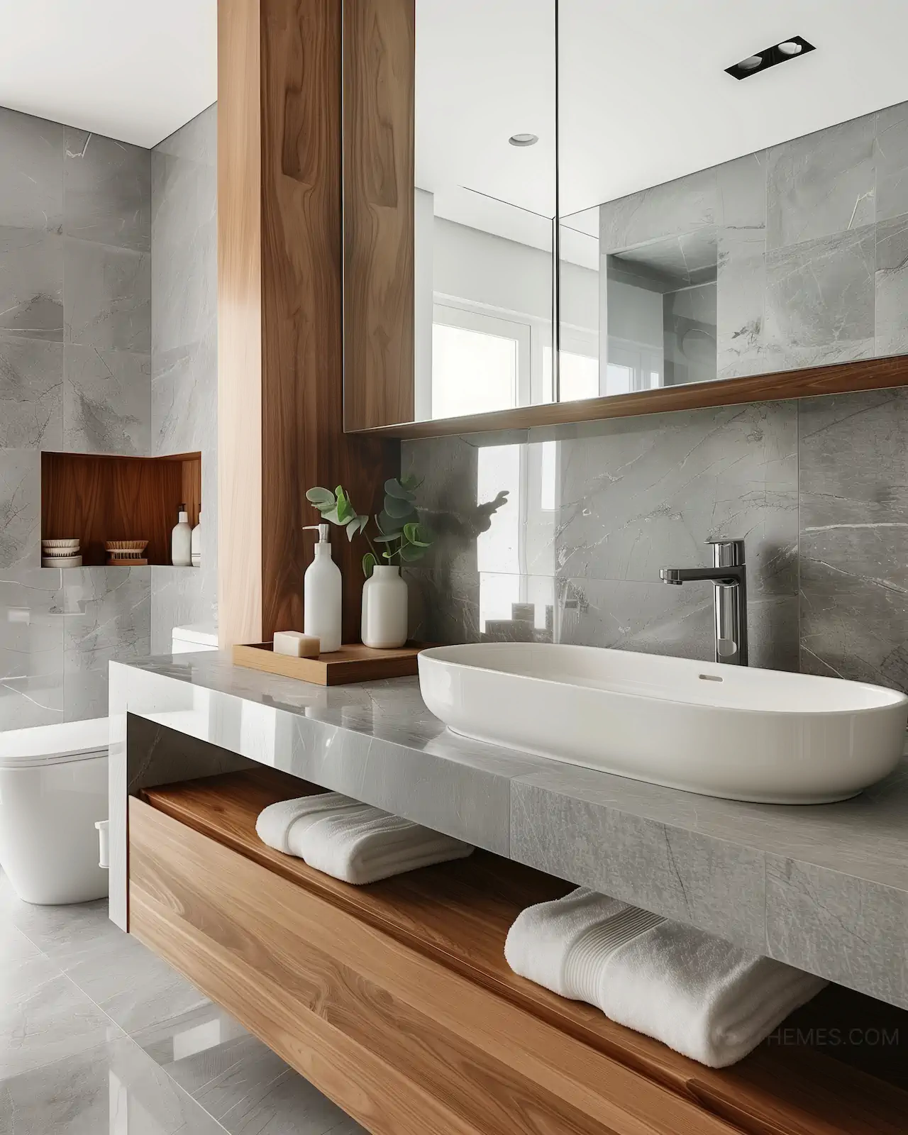 Modern Minimalist Bathroom with Marble Countertop and Wood Accents | AI Interior