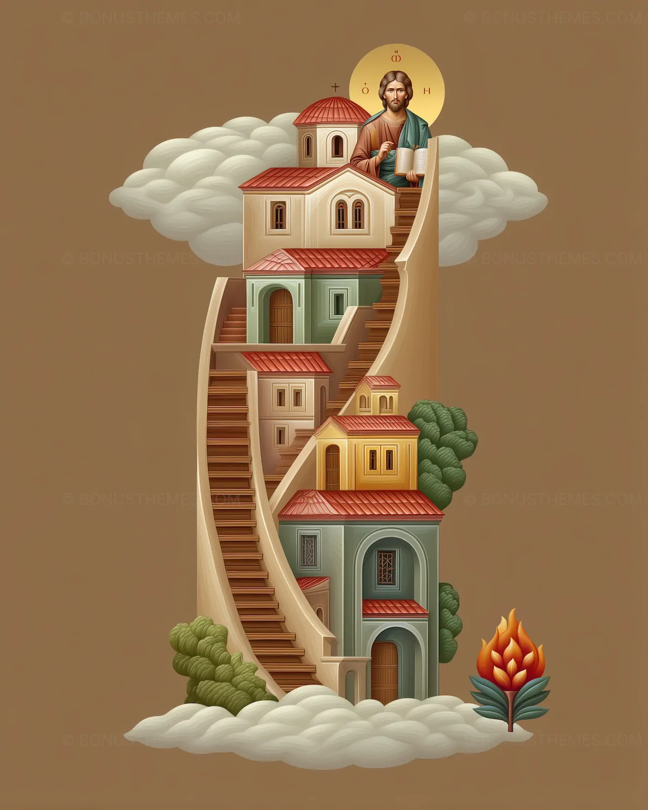 Monastic Ascent Toward God - Symbolic Icon Depiction | AI Generated Spiritual Journey Art