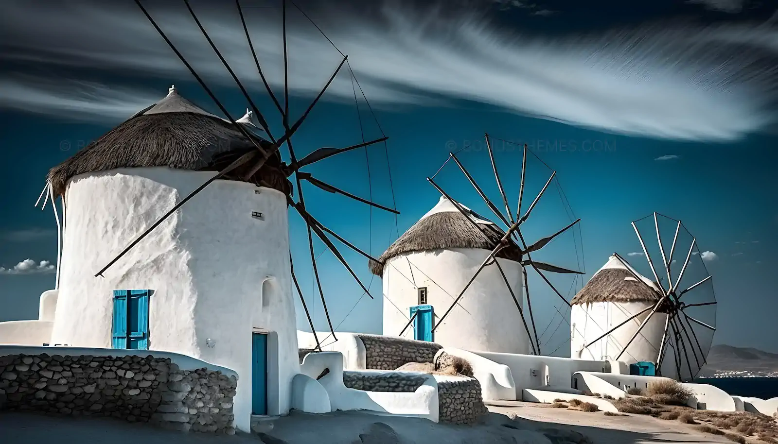 Traditional White Windmills of Mykonos under Dramatic Sky | Iconic AI Generated Cycladic Landscape