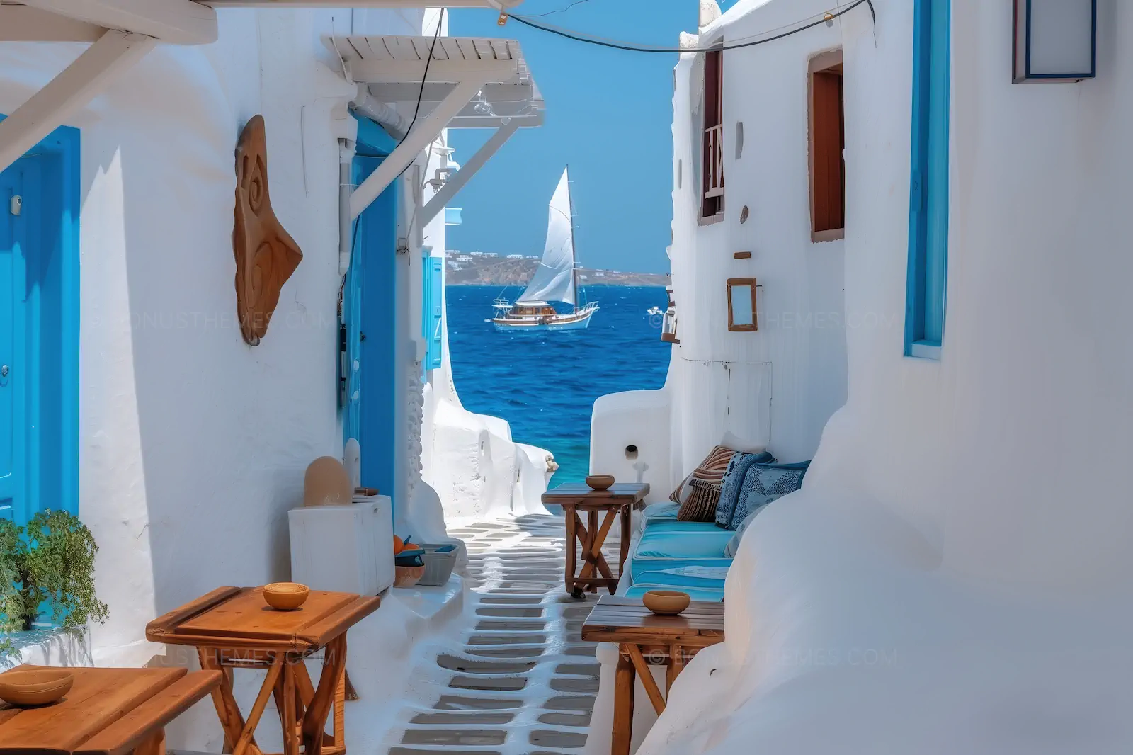 Narrow Mediterranean Alleyway with Blue Doors | Picturesque AI Coastal Scene