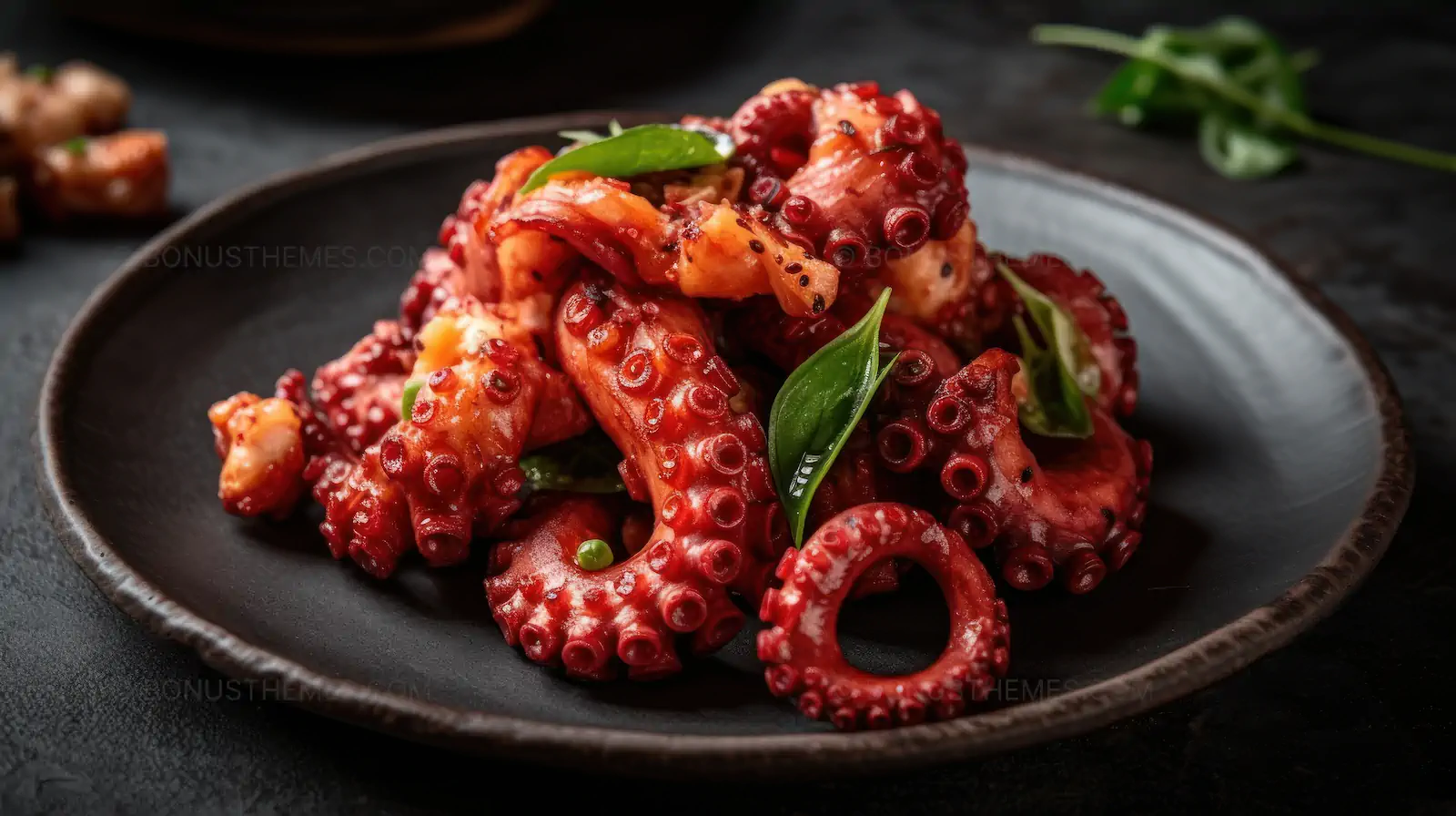 Plate of Octopus with Green Leaves Garnish | Gourmet AI Generated Seafood Image