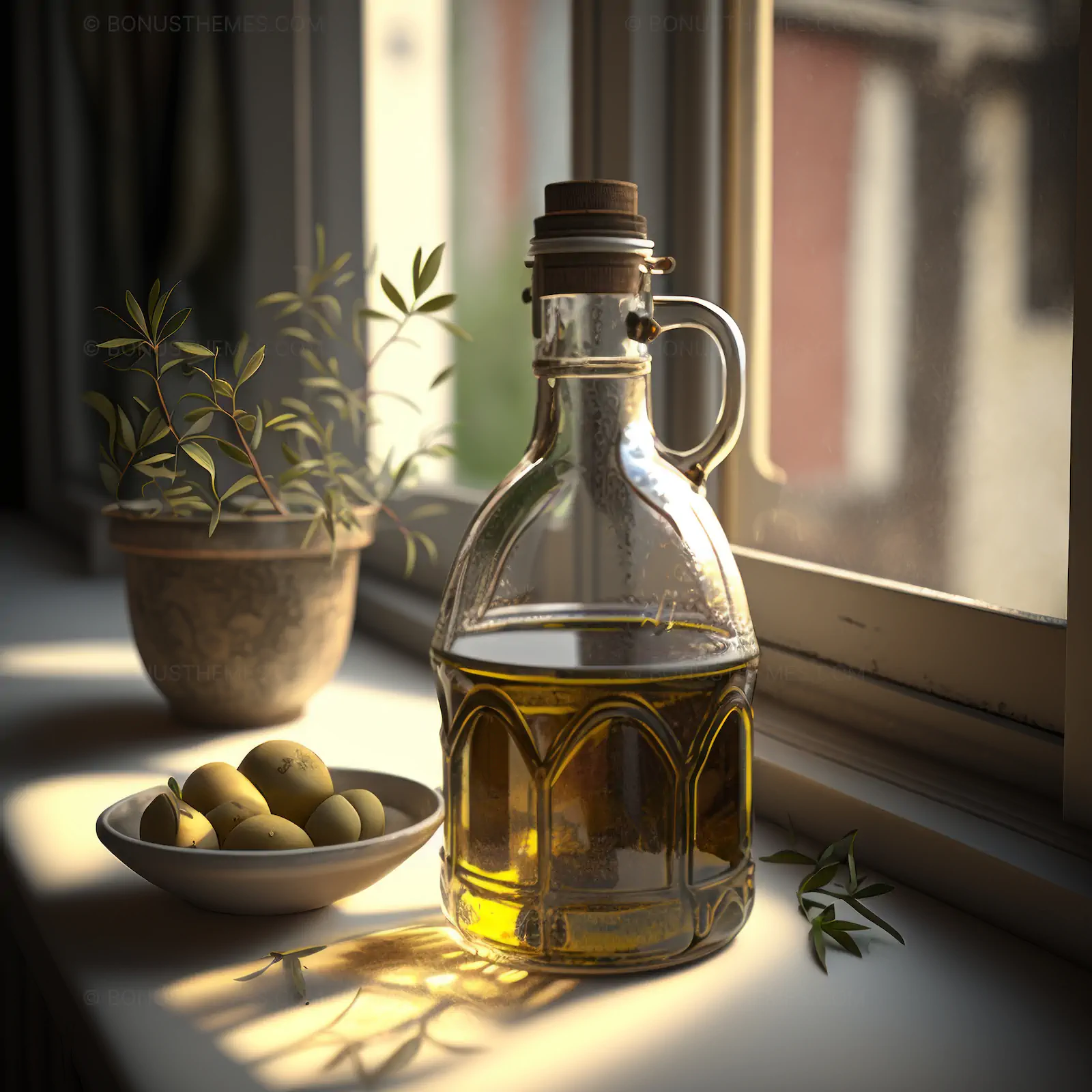 Serene Olive Oil Bottle with Bowl of Olives on Windowsill | AI Generated Lifestyle Image