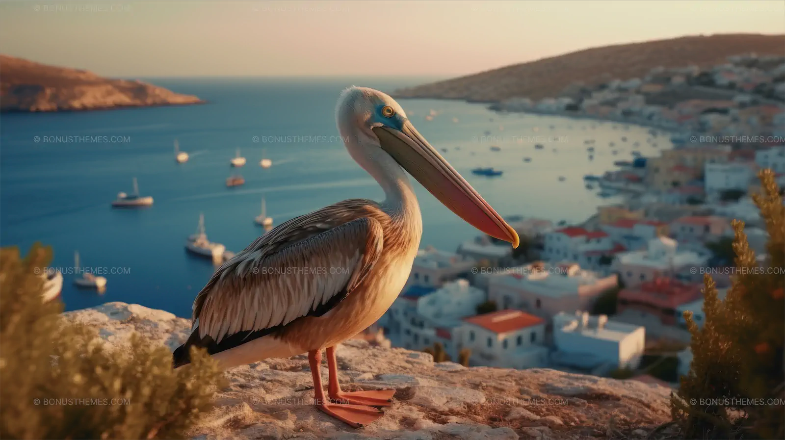 Pelican Overlooking City Skyline | Stunning AI Generated Coastal Wildlife & Nature Image