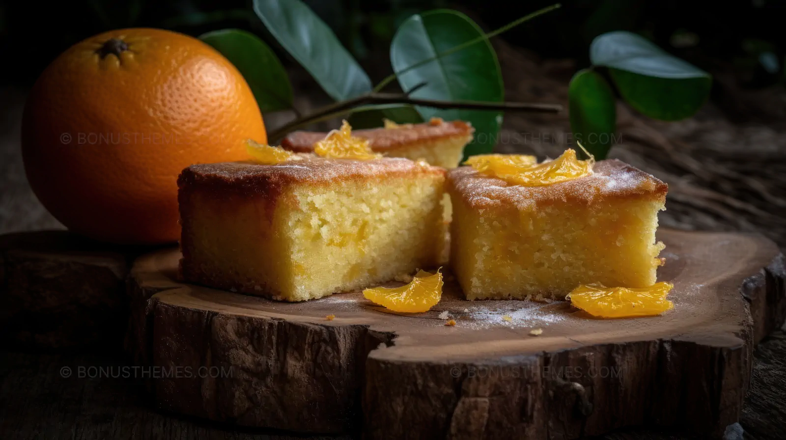 Plate of Orange Cake with Slice Missing on Wooden Board | Rustic AI Generated Dessert Image