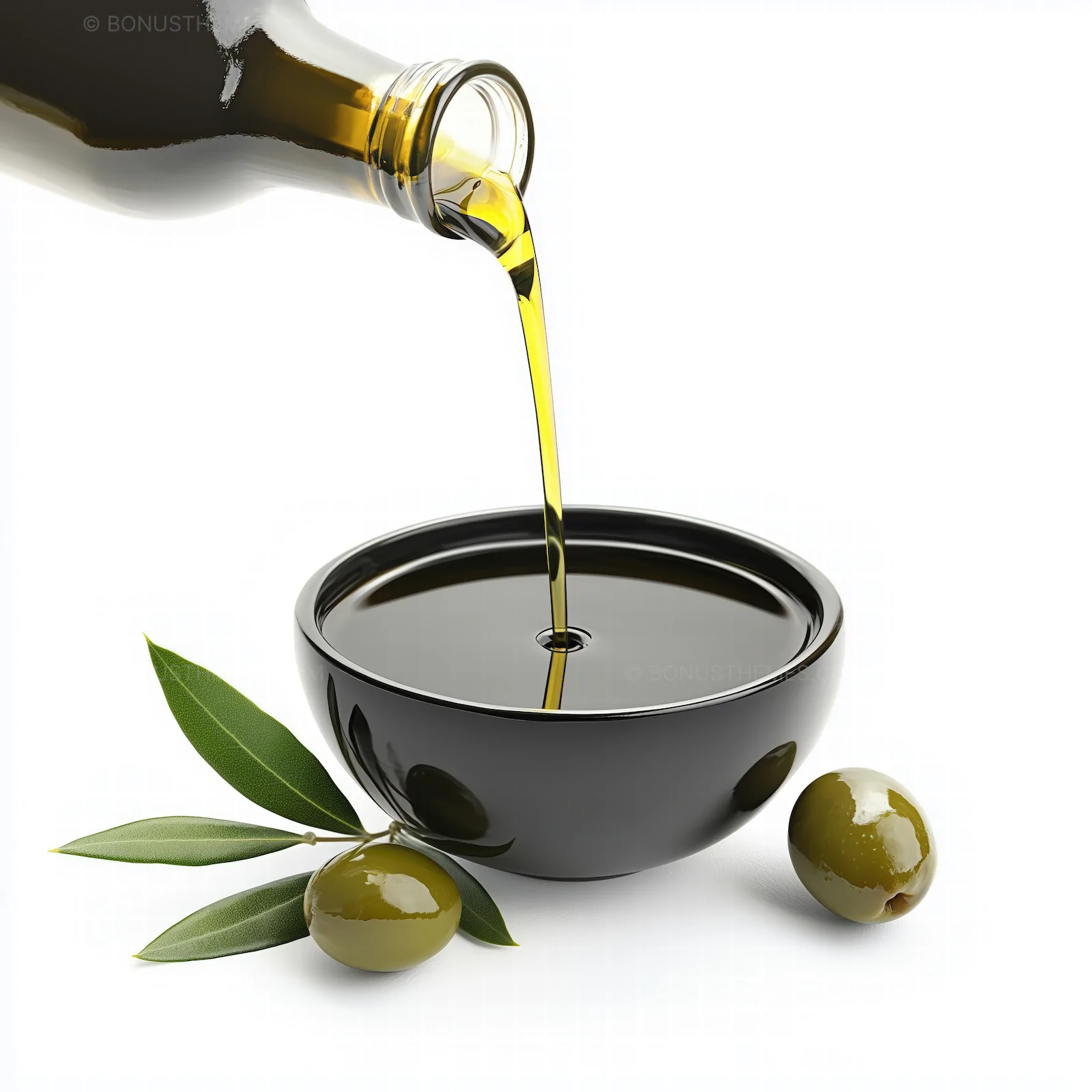 Premium Extra Virgin Olive Oil Pouring into Black Bowl | AI Food Image