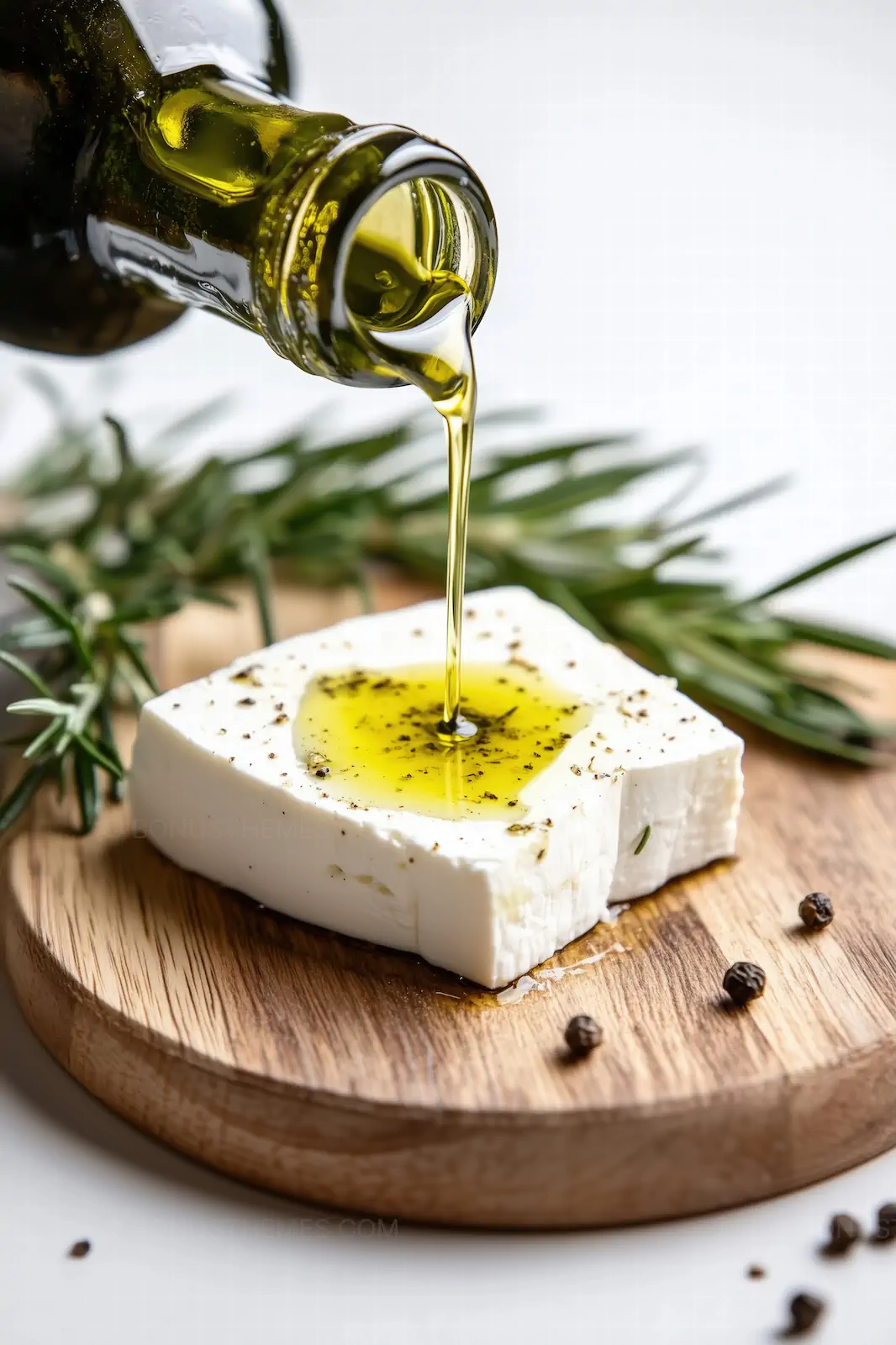 Premium Olive Oil Drizzling over Fresh Feta Cheese with Herbs | AI Food Photography