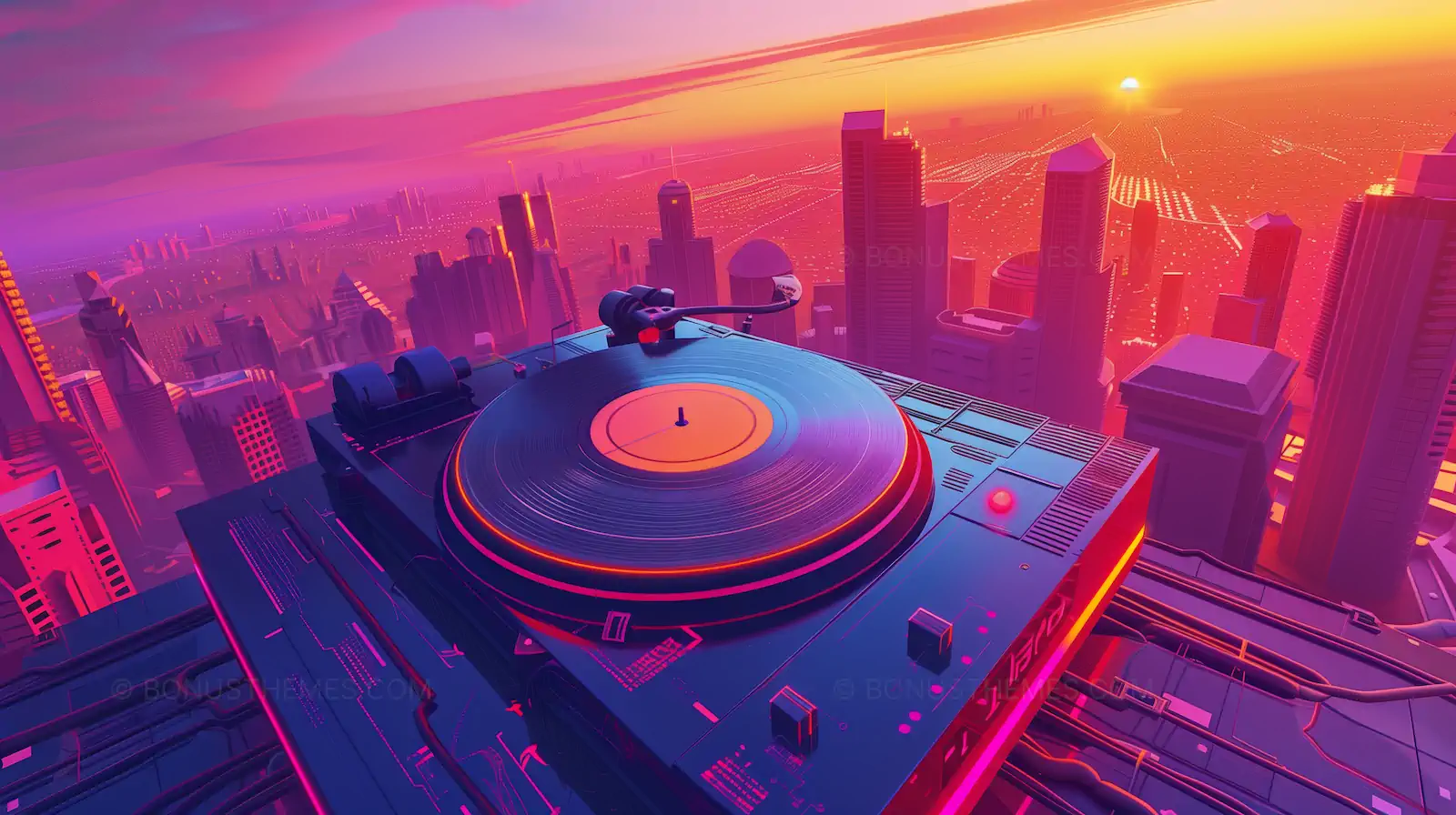 Record Player on Rooftop with Neon City Skyline | Urban AI Image