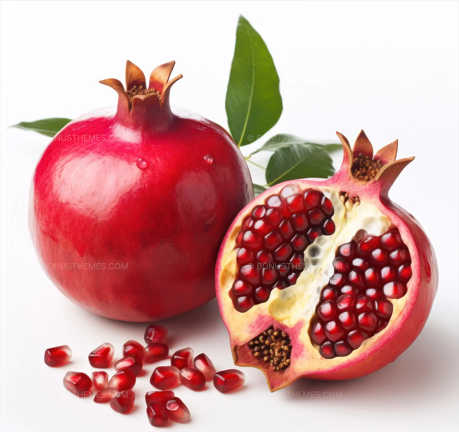 Red Pomegranate Cut in Half with Scattered Seeds | Realistic AI Generated Superfood Image