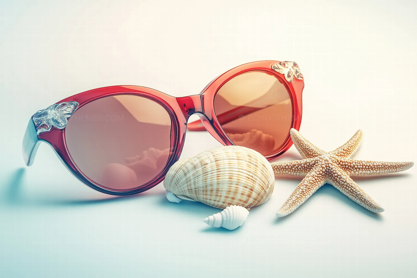 Red Summer Eyewear | Elegant Tinted Sunglasses with Seashells AI Generated Still Life