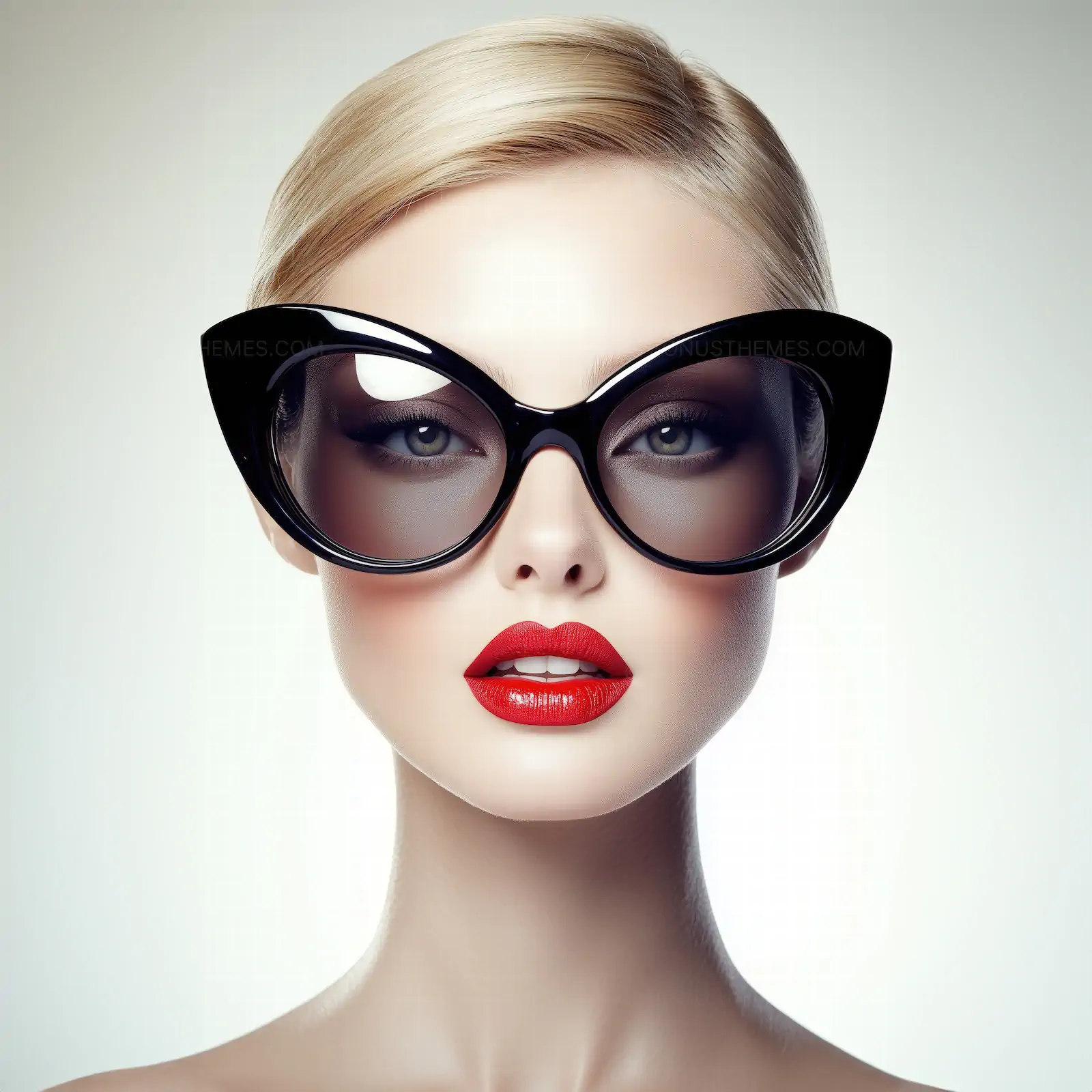 Retro Glamour Fashion Portrait | Cat-Eye Sunglasses and Red Lips AI Generated Beauty Image