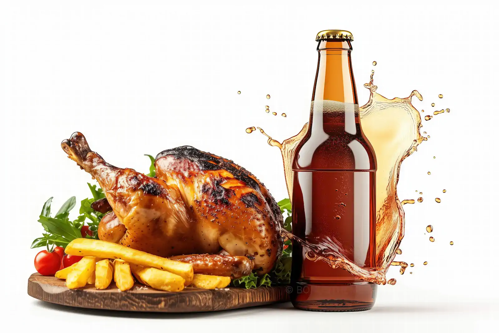 Roasted Chicken with Fries and Beer Splash | AI Food & Beverage Image