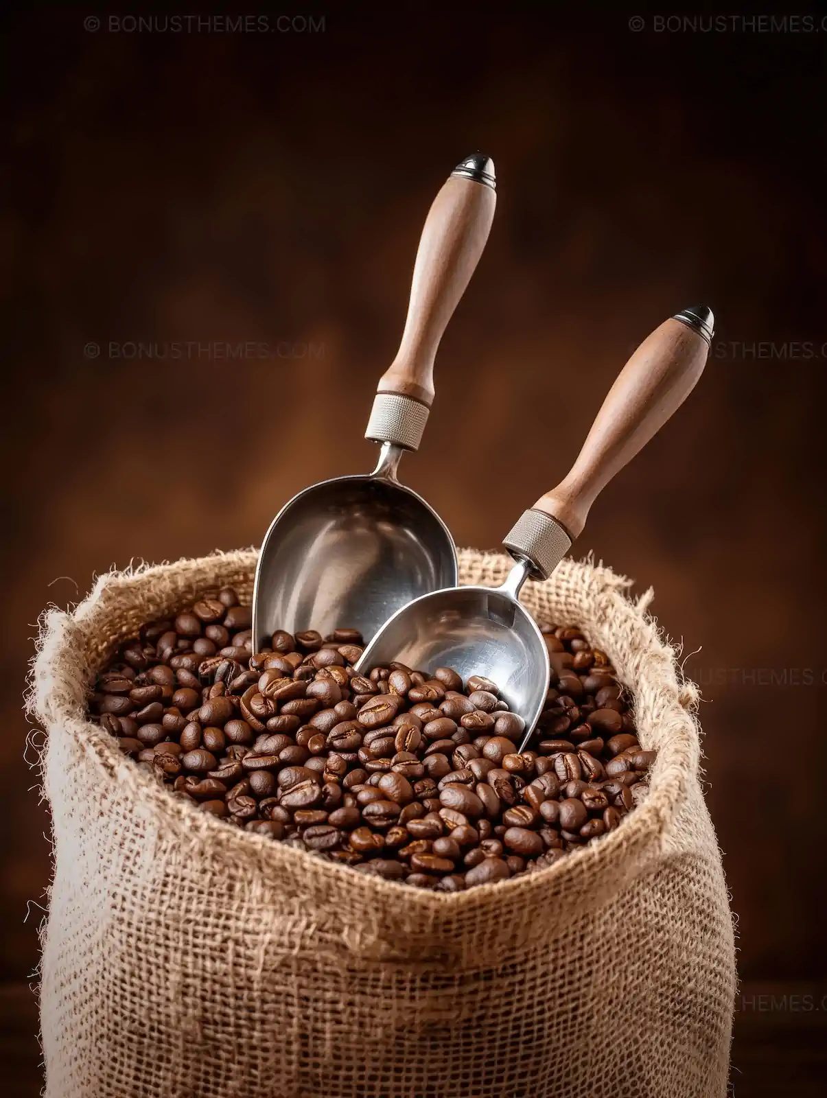 Roasted Coffee Beans in Burlap Sack with Scoops | AI Image