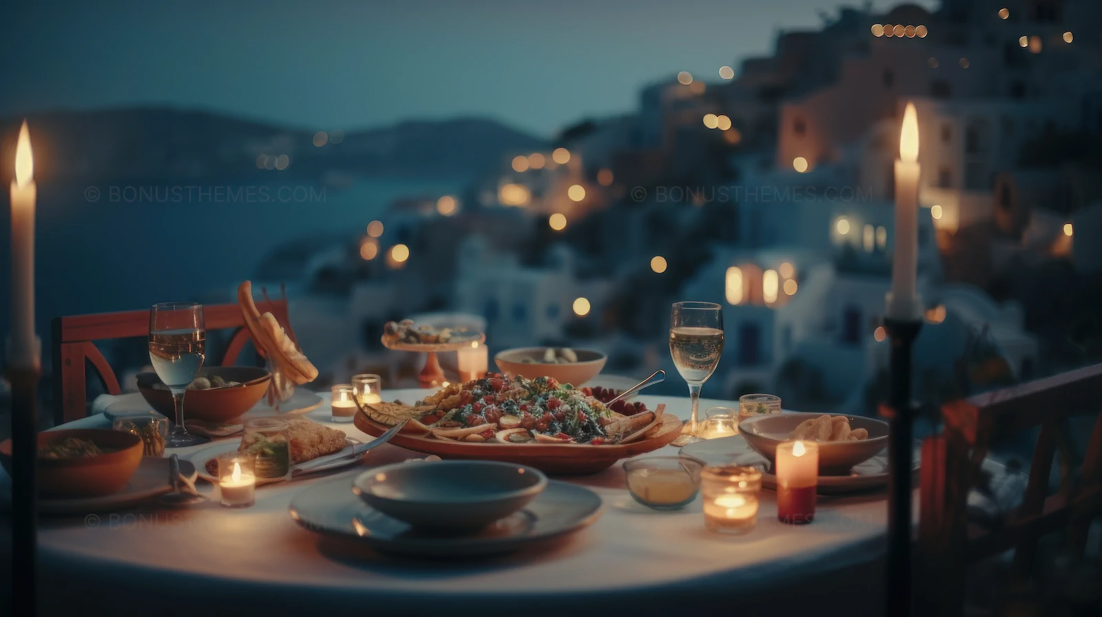 Romantic Dinner Table with Food, Wine Glasses & Candles | Atmospheric AI Generated Image