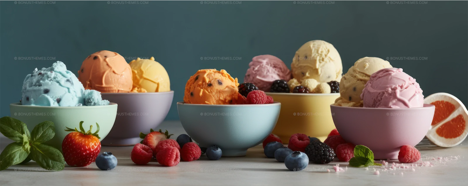 Vibrant Row of Ice Cream Bowls with Fresh Fruit | Colorful Dessert AI Generated Image