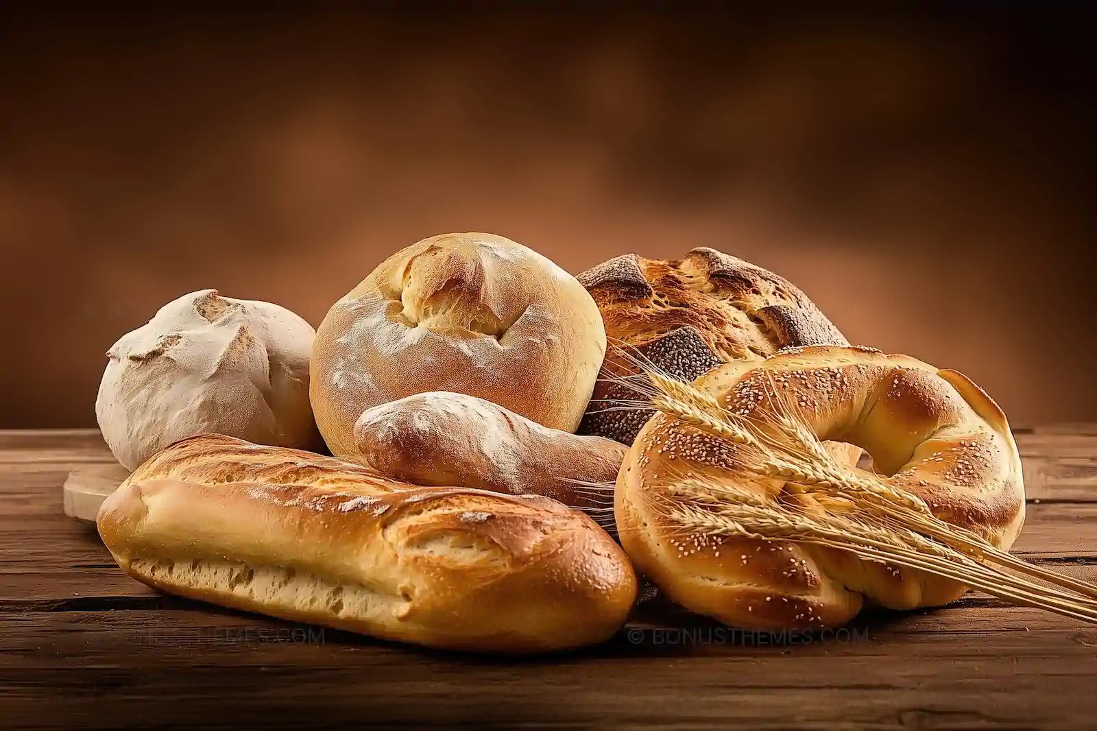 Collection of Rustic Artisan Breads and Bagels on Wooden Surface | AI Food Photo