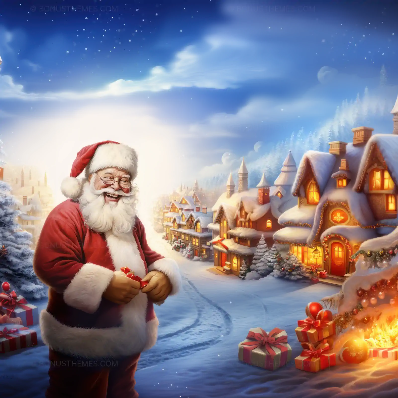 Santa Claus in Front of Christmas Village | Magical AI Holiday Scene