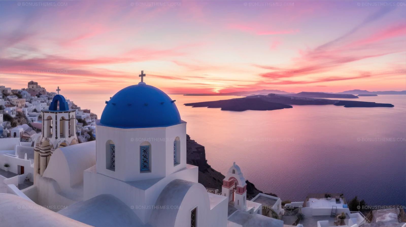 Santorini Blue Dome Church Overlooking the Aegean Sea | AI Travel Image