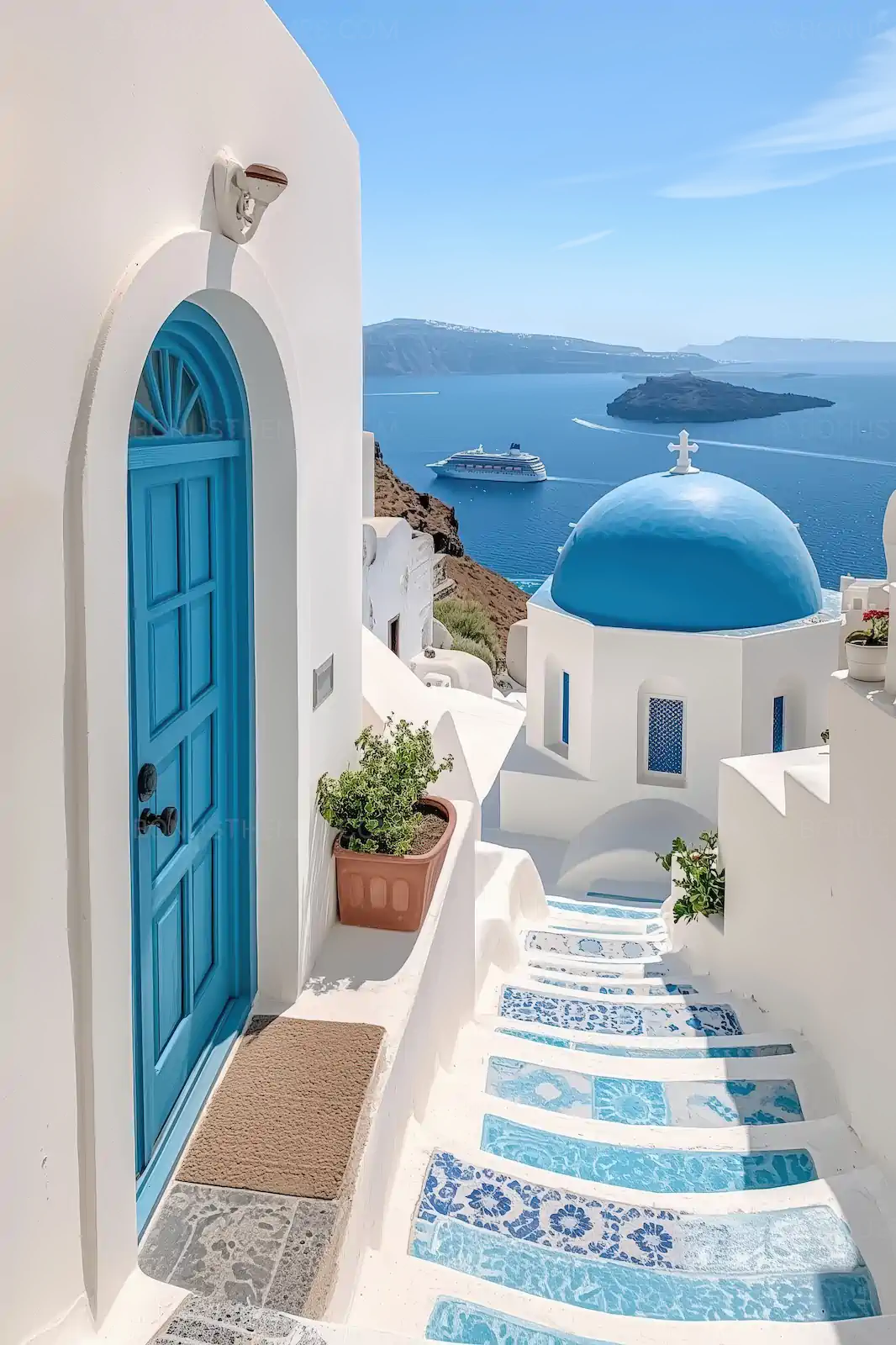 Santorini Greece Scenic View | Blue Domed Church and Ocean AI Generated Travel Image