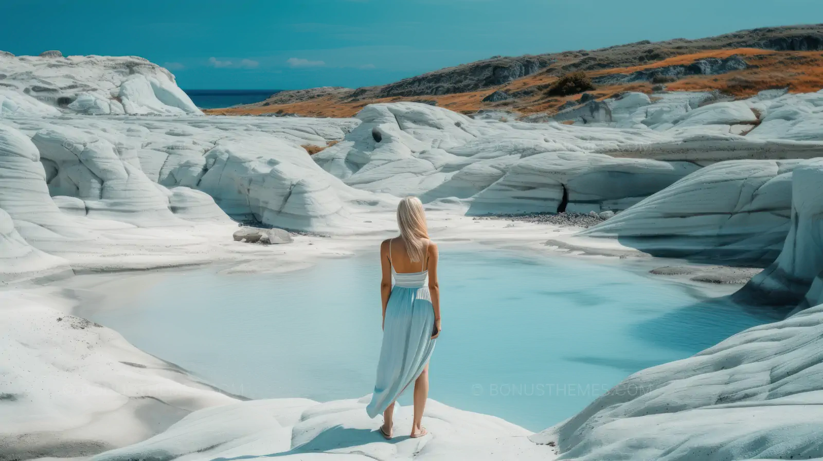 Sarakiniko Beach Milos | Surreal Volcanic Landscape & Woman AI Image