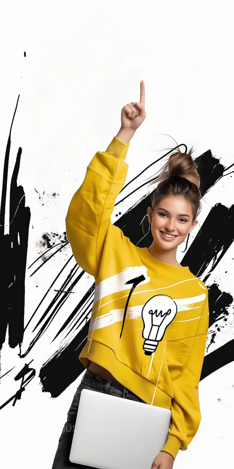 Schoolgirl in Yellow Shirt with Laptop Pointing Up | Educational AI Image