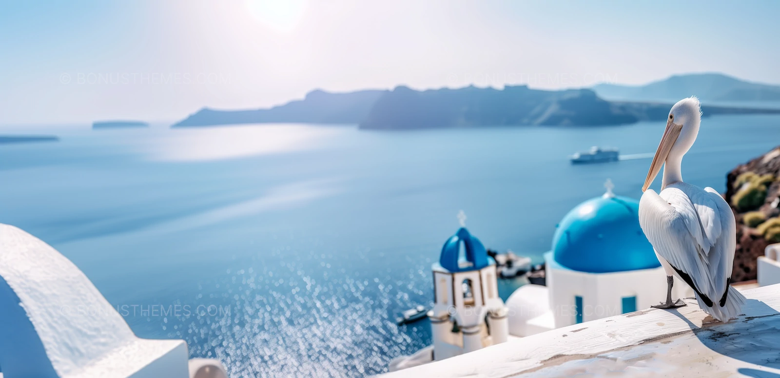 Serene Coastal Vista in Santorini | AI Generated Pelican on Whitewashed Terrace with Aegean Sea View