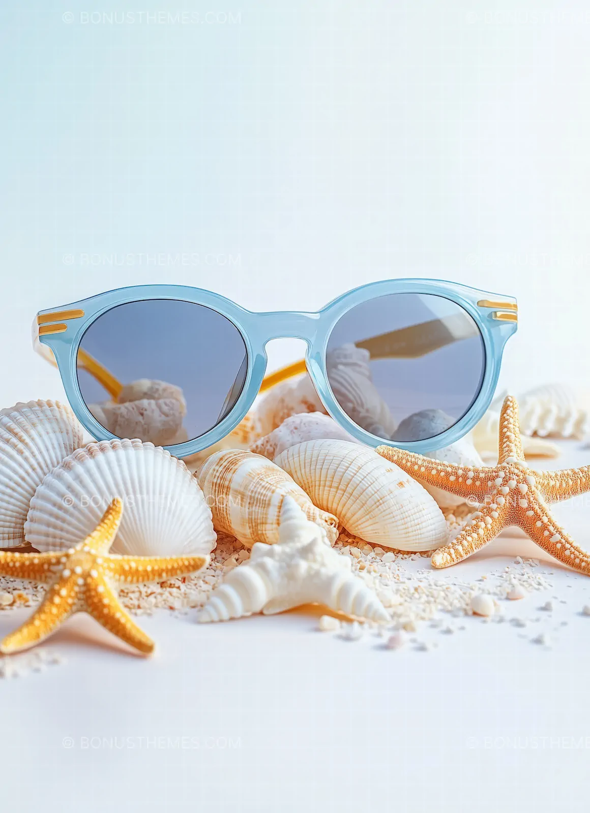 Sky Blue Summer Eyewear | Round Tinted Sunglasses with Seashells AI Generated Still Life