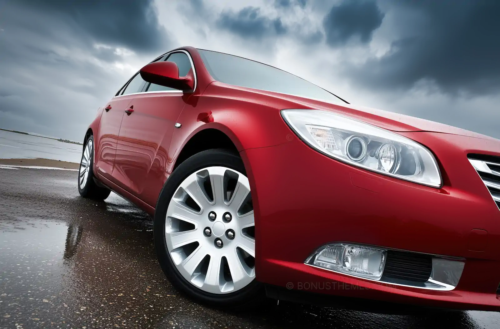 Sleek Red Luxury Sedan Low-Angle Shot | AI Automotive Image