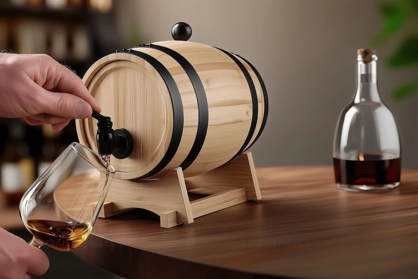Small Wooden Barrel Pouring Aged Spirit into Glass | AI Lifestyle Photo