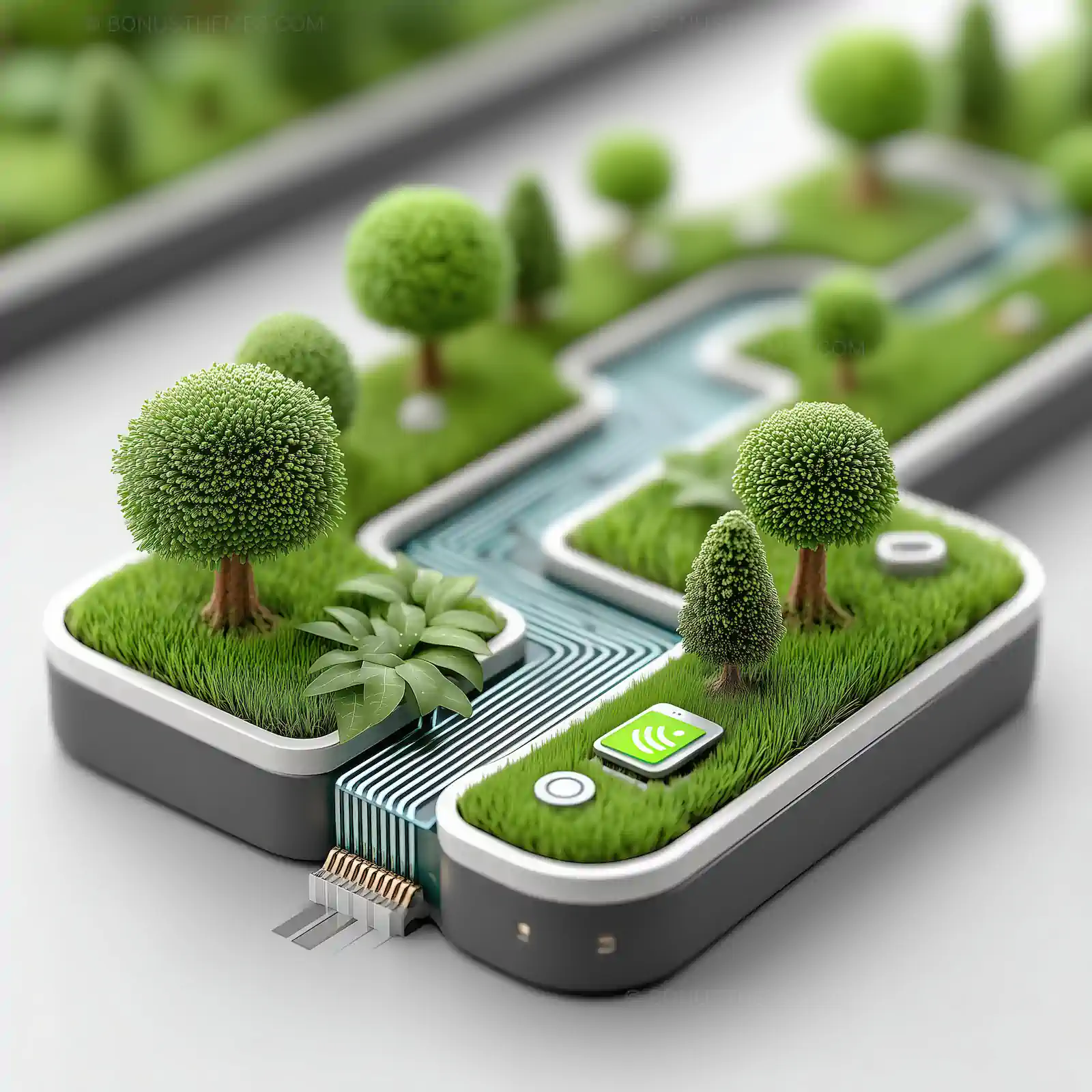 Miniature Green City with Circuit Board Waterways | Innovative AI Generated Sustainable Urban Design Concept