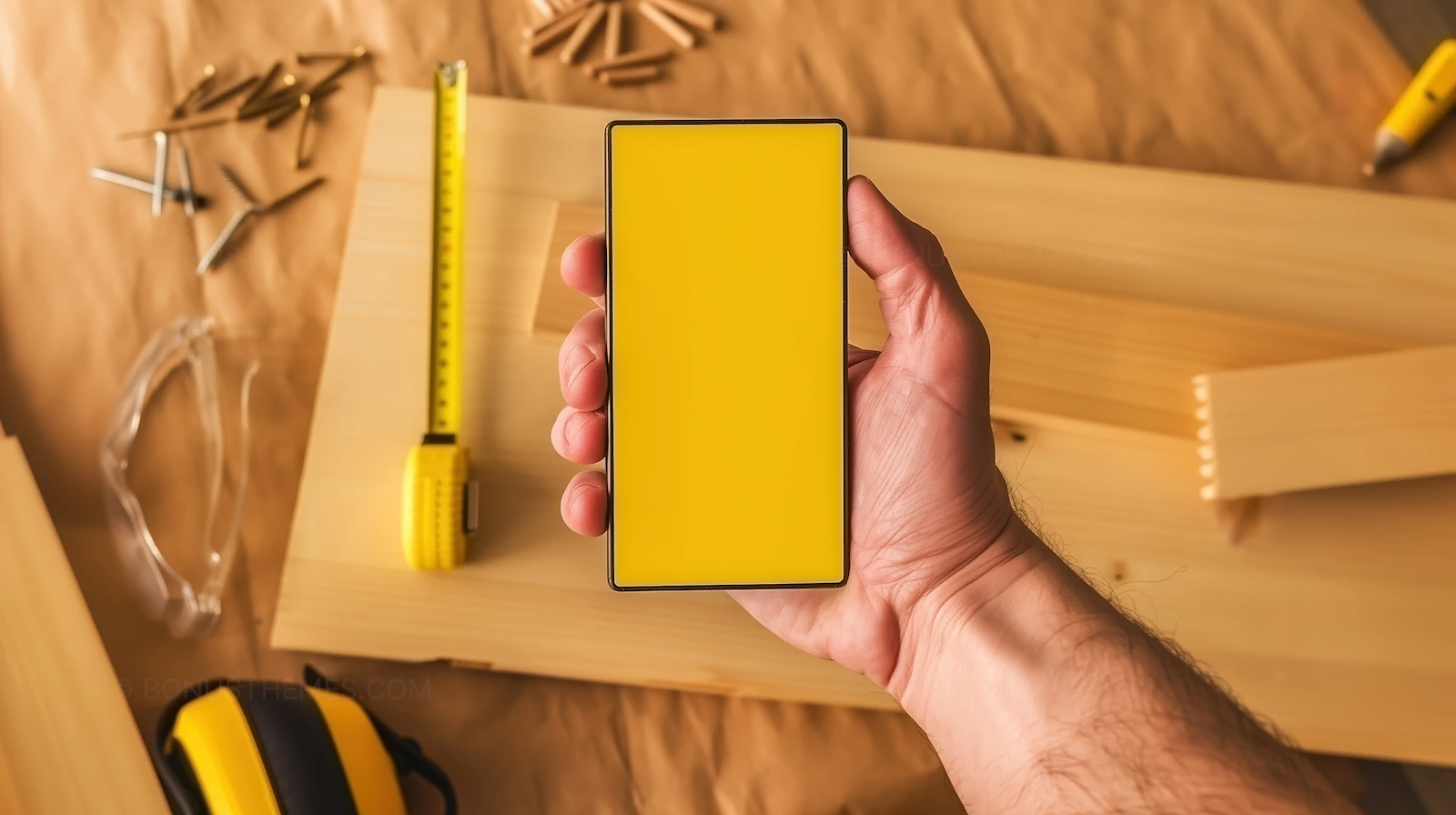 Hand Holding Smartphone Mockup in Woodworking Workshop | AI Business Image