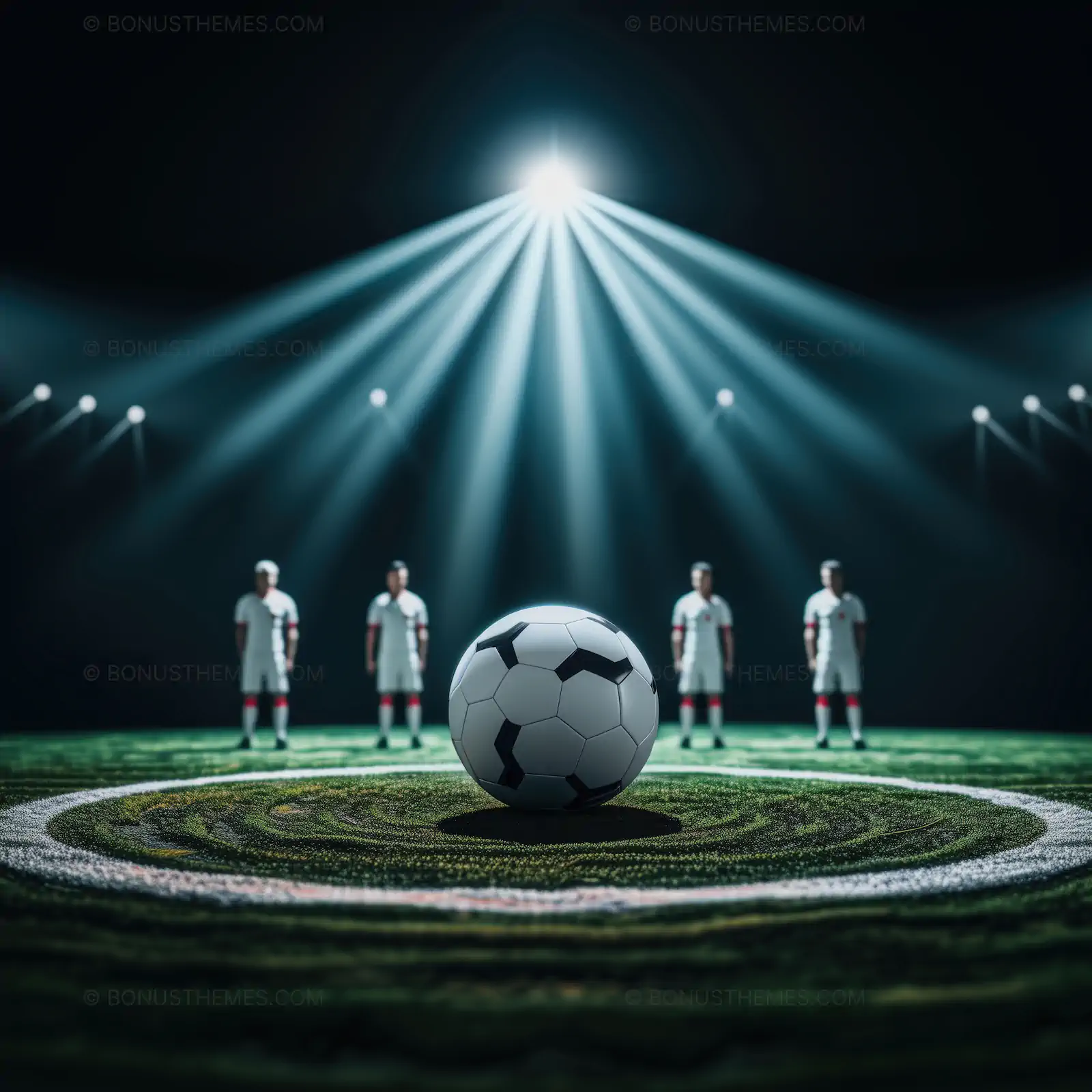 Soccer Ball on Field with Four Players Standing Around | Sports AI Image
