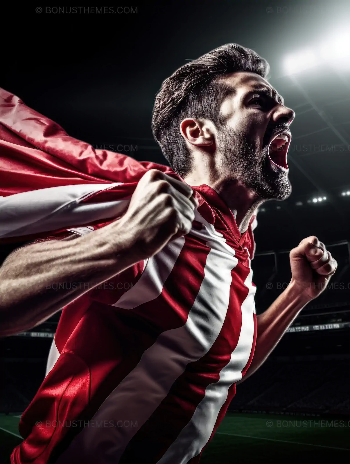 Soccer Player Celebrating Victory Under Stadium Lights | Dynamic AI Generated Sports Illustration