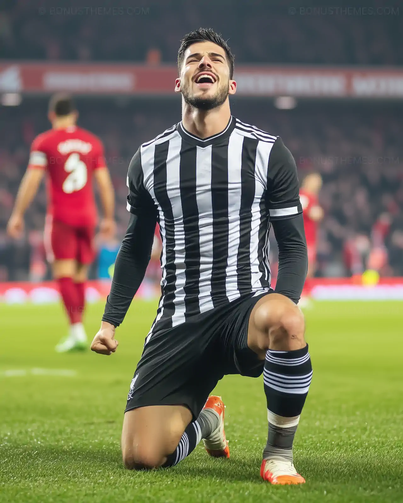 Soccer Player Goal Celebration in Black and White Striped Kit - AI Generated Sports Image