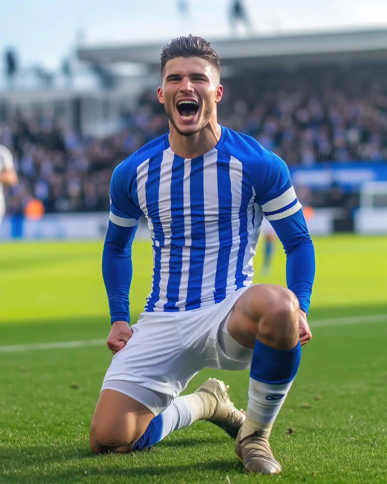 Soccer Player Celebrating Goal in Blue and White Kit - AI Generated Sports Image