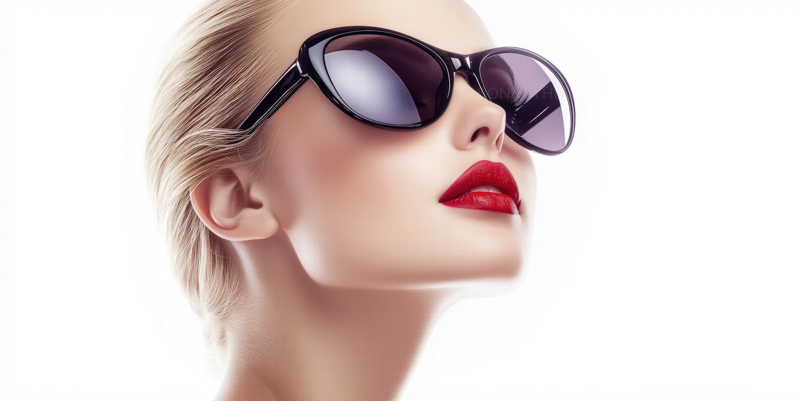 Sophisticated Glamour Portrait | Woman in Elegant Dark Sunglasses and Bold Red Lips AI Generated Fashion Image