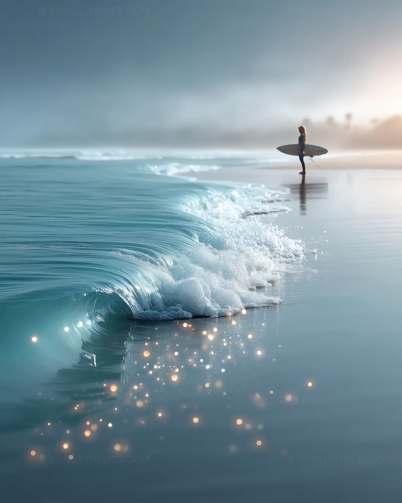 Surfer Woman Standing on Shore with Sparkling Ocean Waves | AI Image
