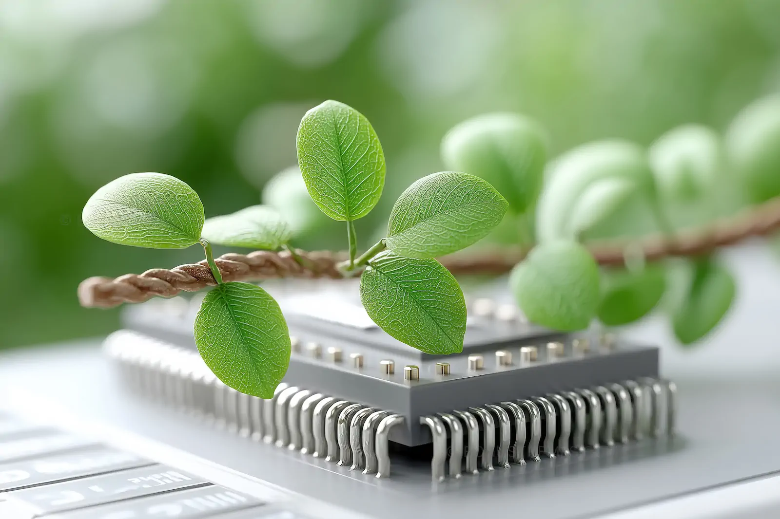 Central Processor with Growing Green Leaves and Vine | Creative AI Generated Eco-Friendly Technology Concept