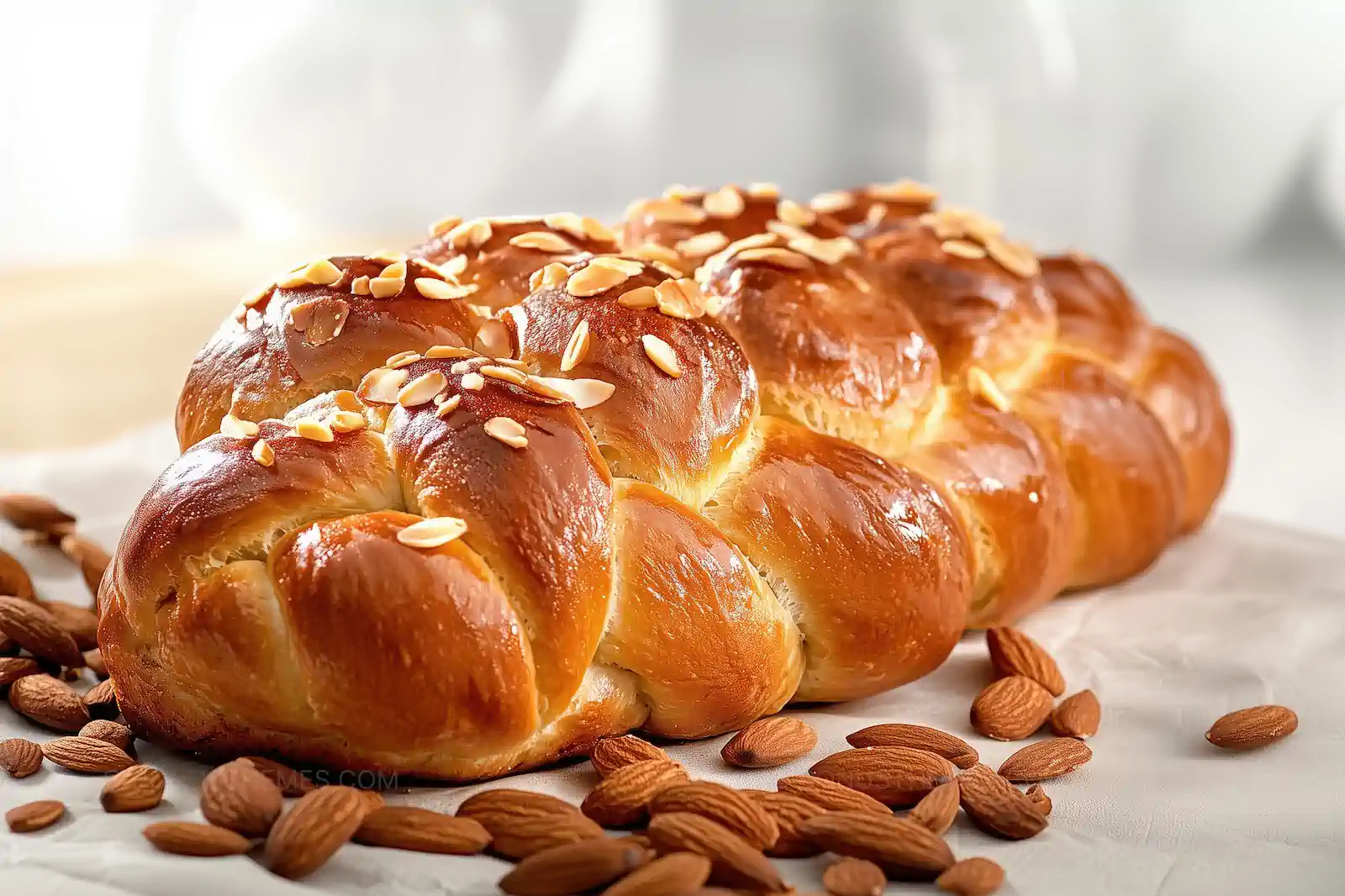 Sweet Braided Brioche Bread with Almond Flakes | AI Food Photography