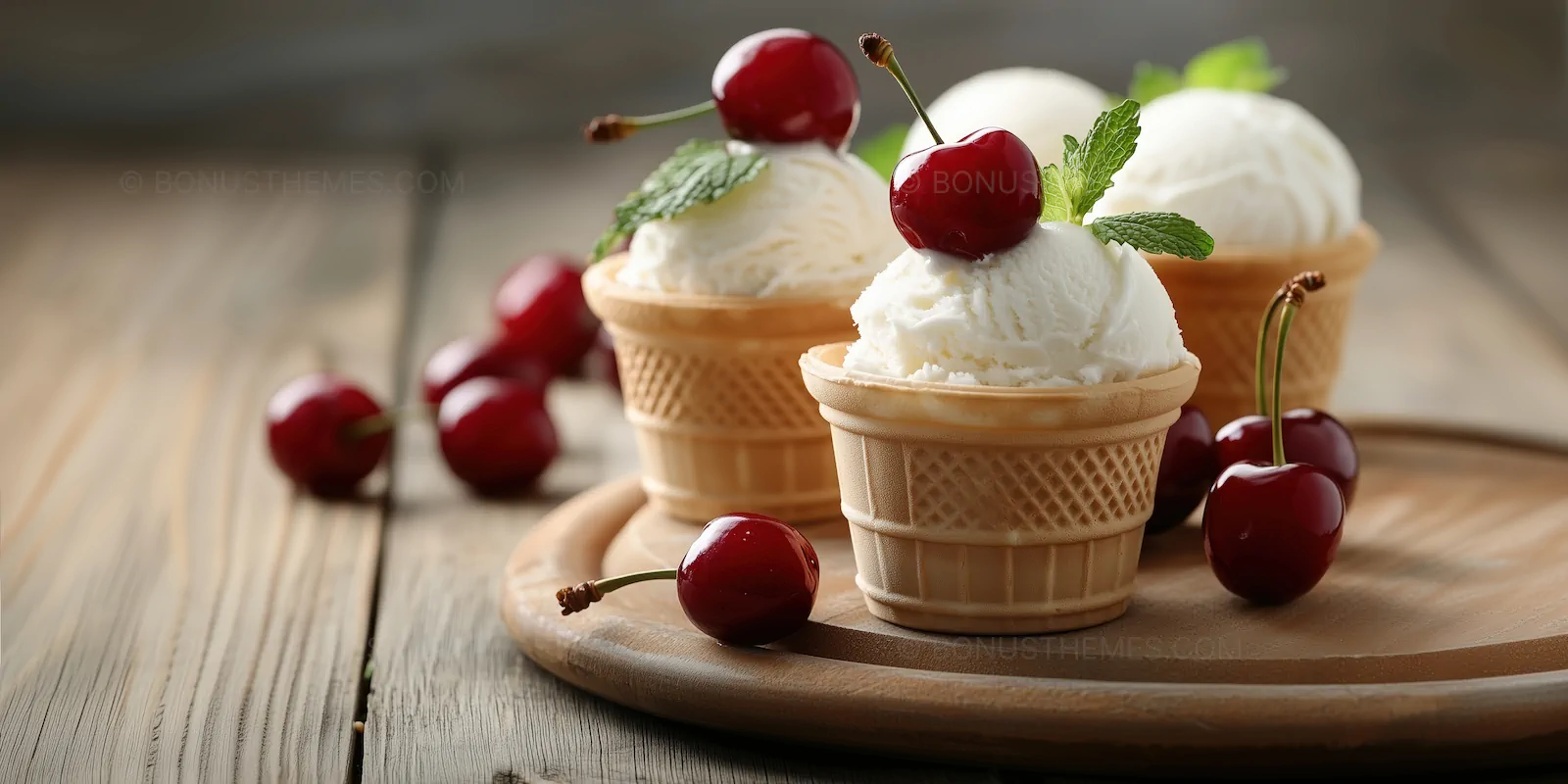 Three Ice Cream Cones with Cherries on Wooden Tray | Dessert AI Image