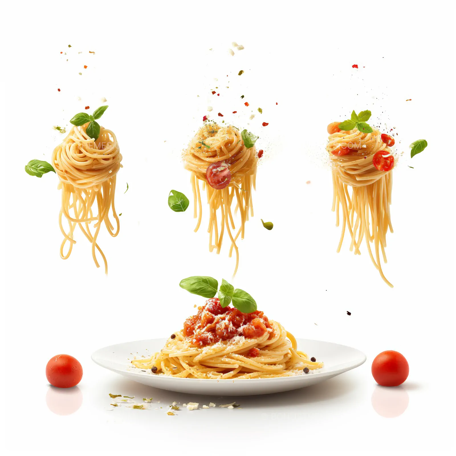 Three Plates of Spaghetti Flying with Tomato Sauce & Basil | AI Food Image