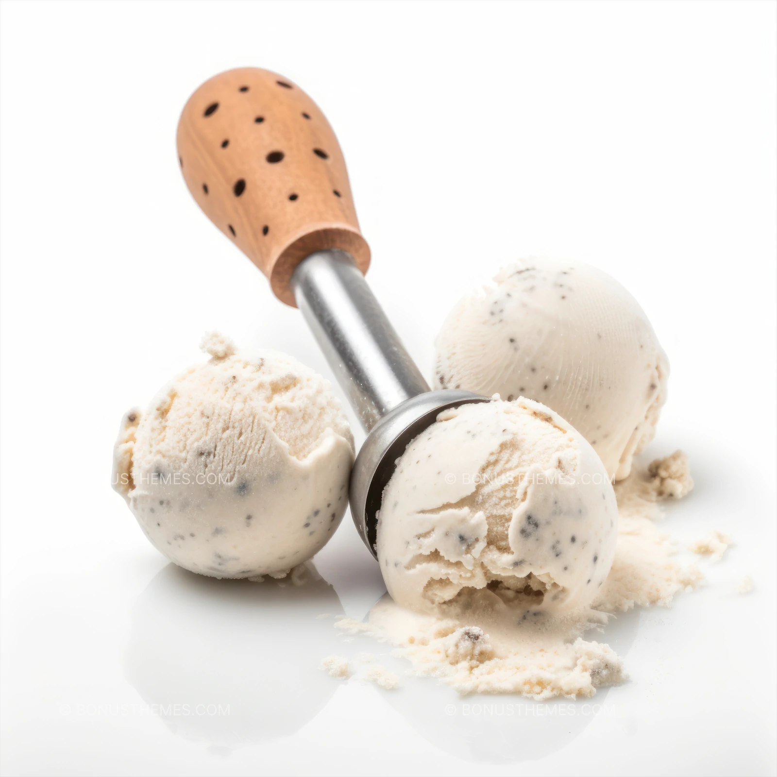 Three Scoops of Stracciatella Ice Cream on White Background | Realistic AI Generated Dessert Illustration