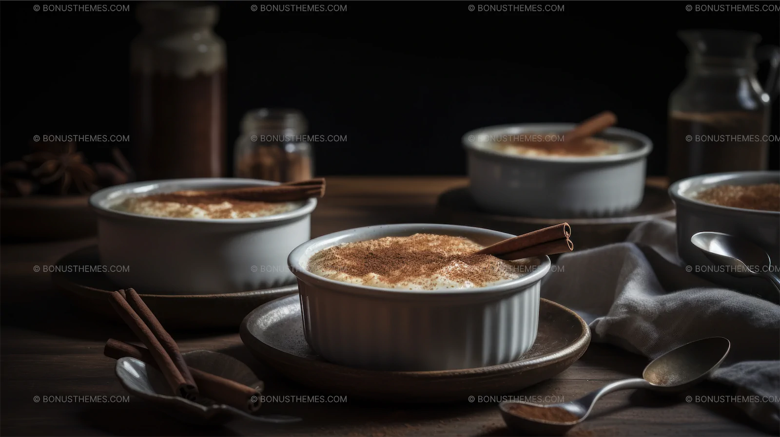 Three White Bowls with Cinnamon - AI Generated Food and Spice Photography