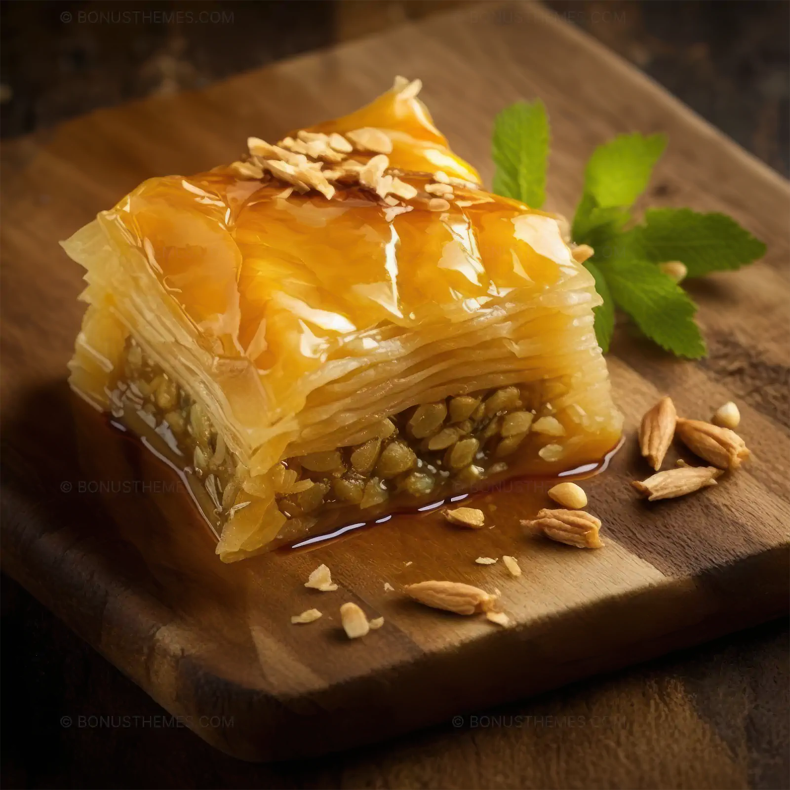 Traditional Piece of Baklava on Rustic Wood | Delicious AI Generated Mediterranean Dessert Image