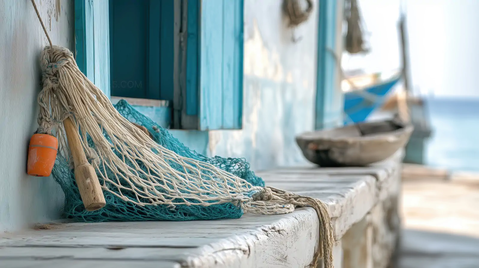 Traditional Blue Fishing Nets and Buoy on Coastal Stone Wall | AI Travel Photography