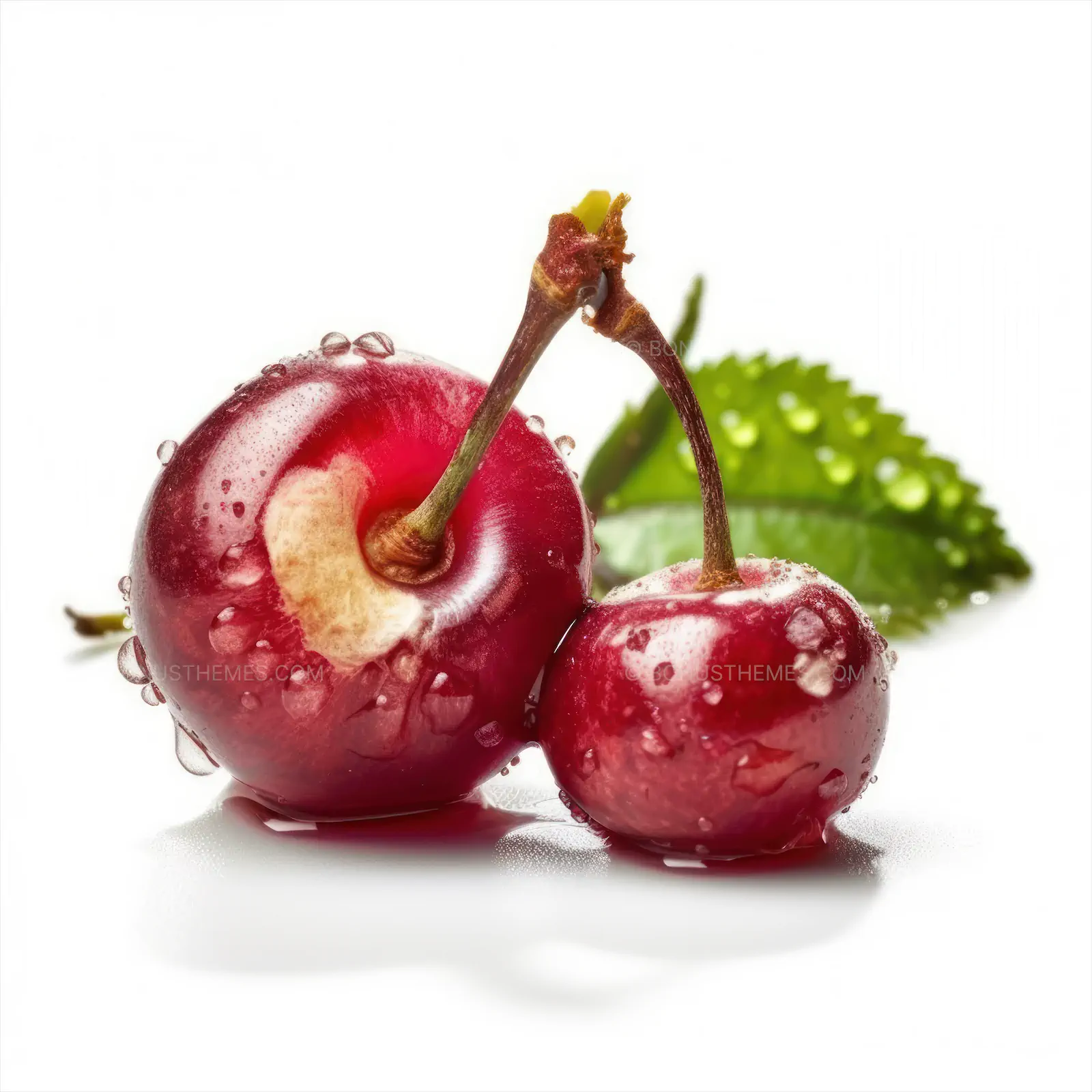 Two Red Cherries on Green Leaf with Water Droplets | Realistic AI Generated Macro Fruit Image