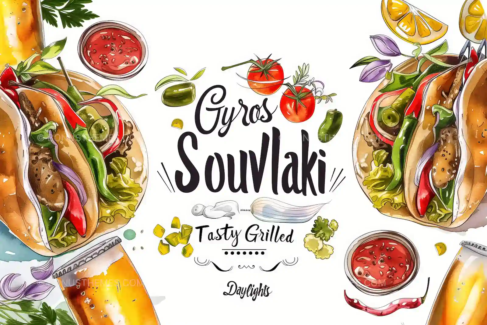 Vibrant Greek Feast - Watercolour Paper Placemat Design | AI Food Art